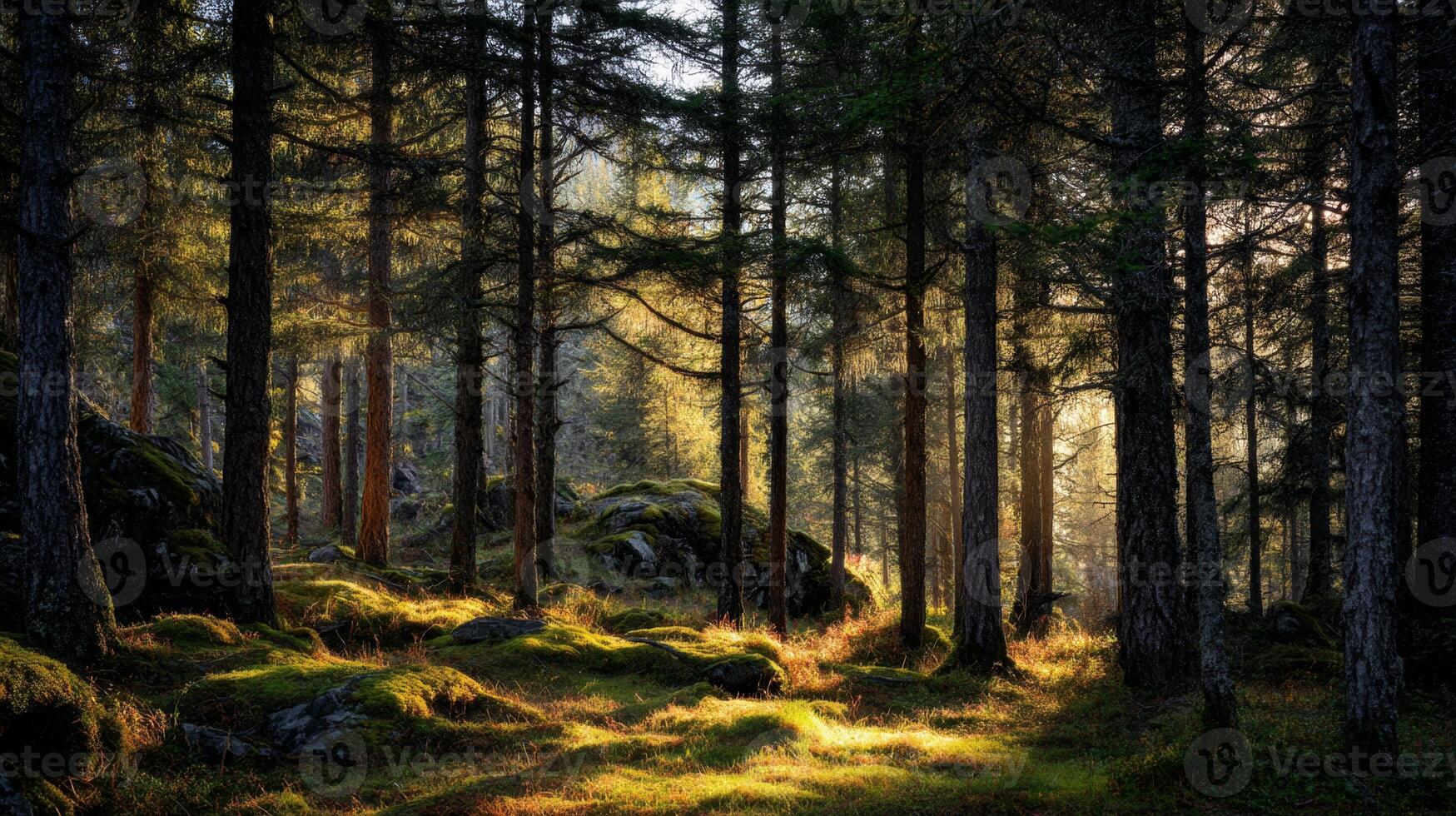 Sunlight Filters Through Tall Trees in a Serene Forest Setting Surrounded by Green Moss and Rocky Terrain photo
