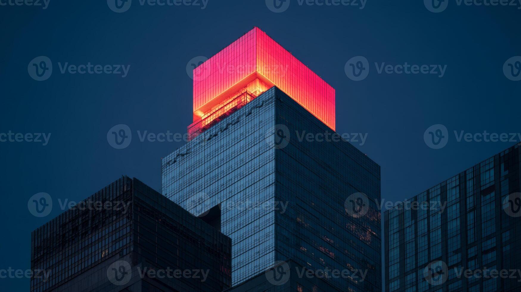 Modern skyscraper at dusk with vibrant illuminated rooftop creating stunning urban skyline contrast in twilight hours photo