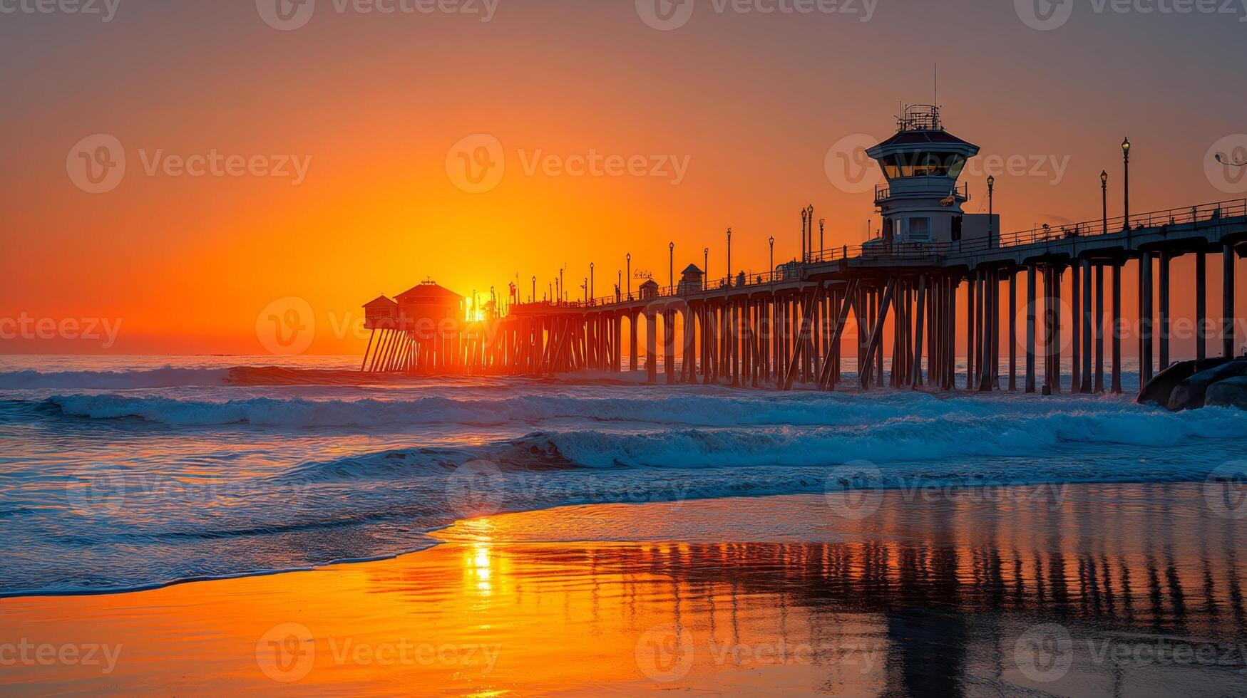 Beautiful Sunset Reflection on Pier with Vibrant Colors and Calm Ocean Waves at Huntington Beach, California photo