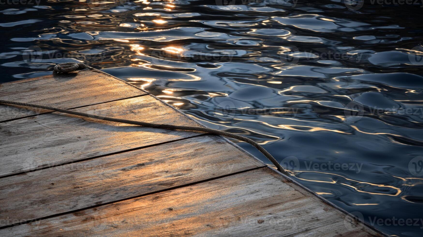 Sunlit Reflections on Calm Water with Wooden Dock and Rope in Tranquil Natural Setting at Golden Hour photo