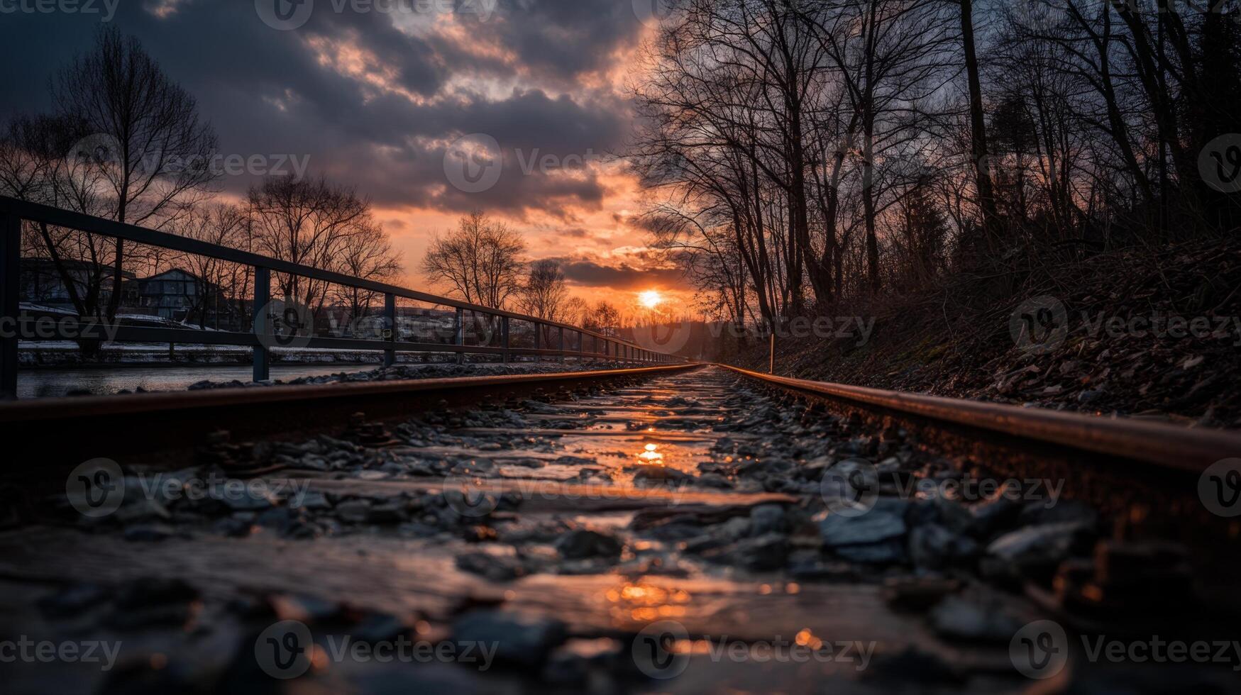 Serene Sunset Over Tranquil Railway Tracks Surrounded by Trees and Reflections in Water with a Dramatic Cloudy Sky photo