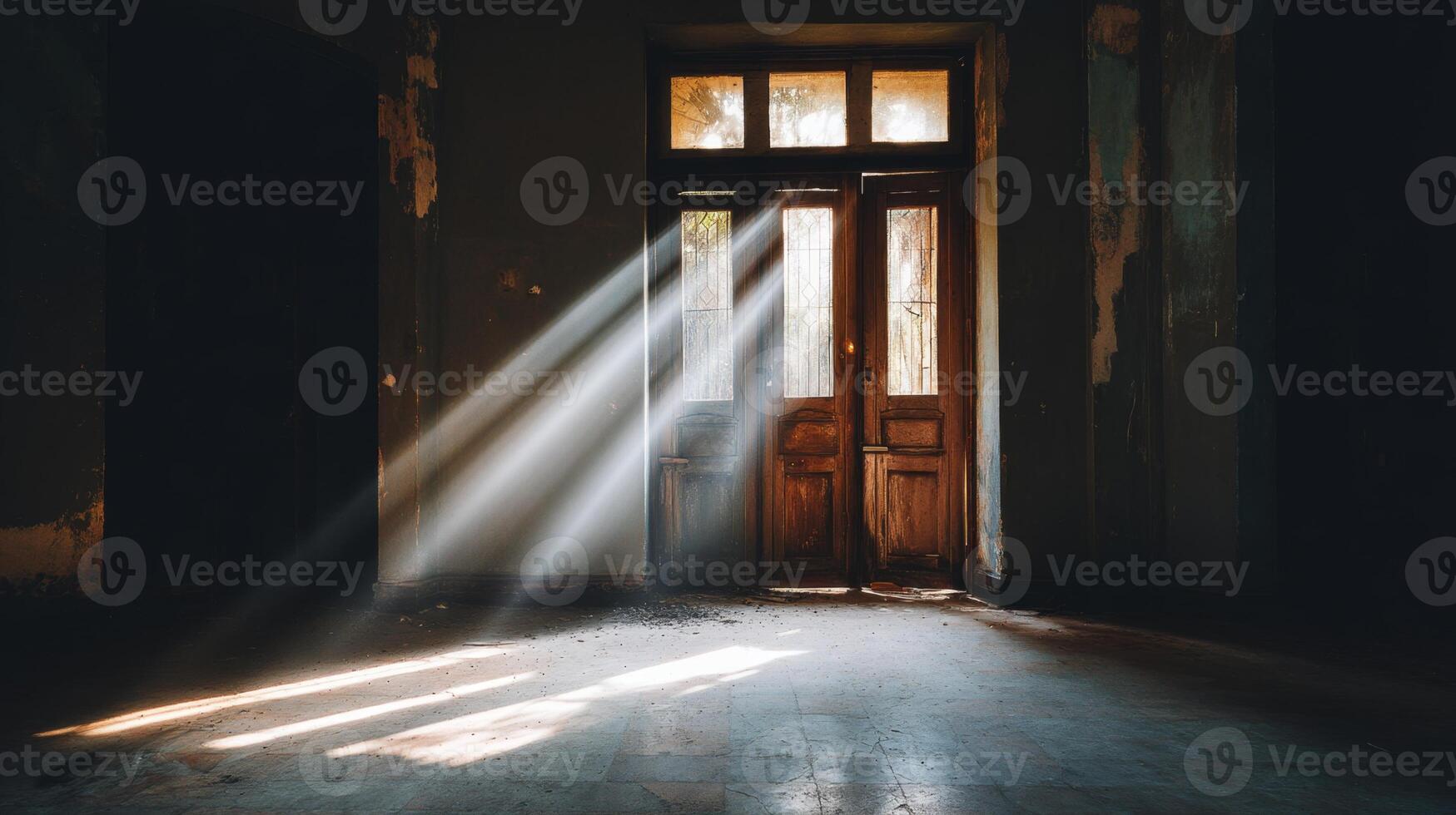 Sunlight Streaming Through Old Doors in Abandoned Room with Dust and Shadows Creating a Mysterious Atmosphere photo