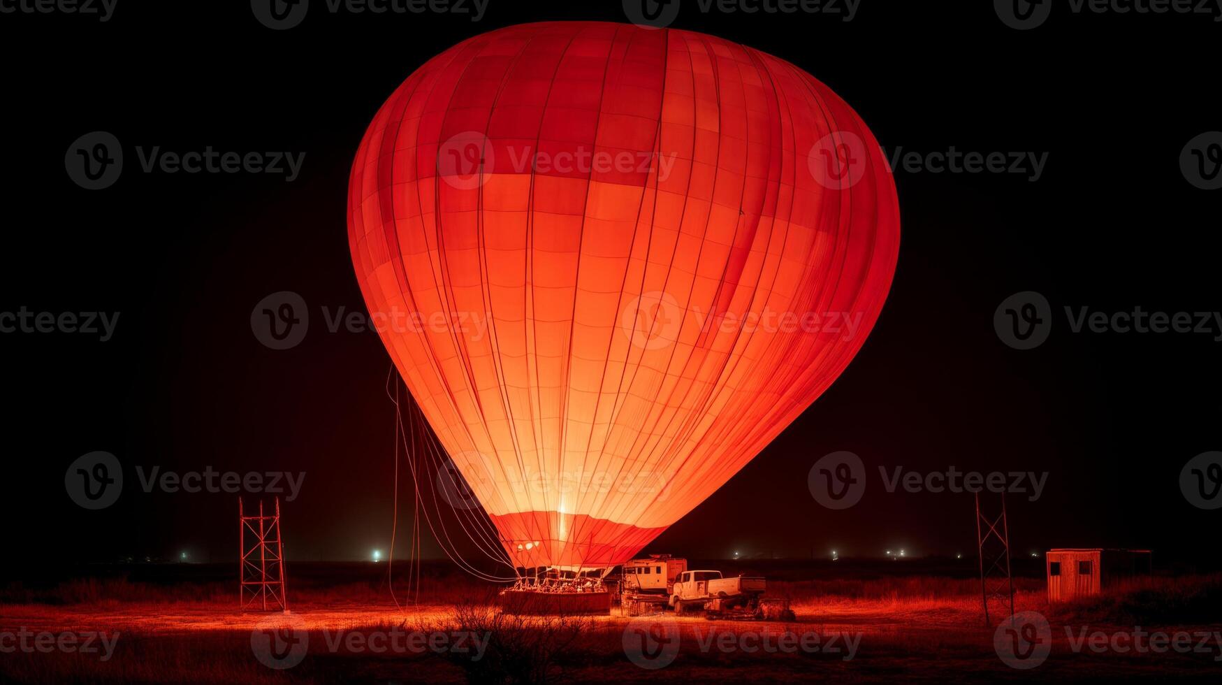 Vibrant Red Hot Air Balloon Glows Brightly Against Night Sky at Outdoor Event with Dramatic Lighting and Scenic Background photo
