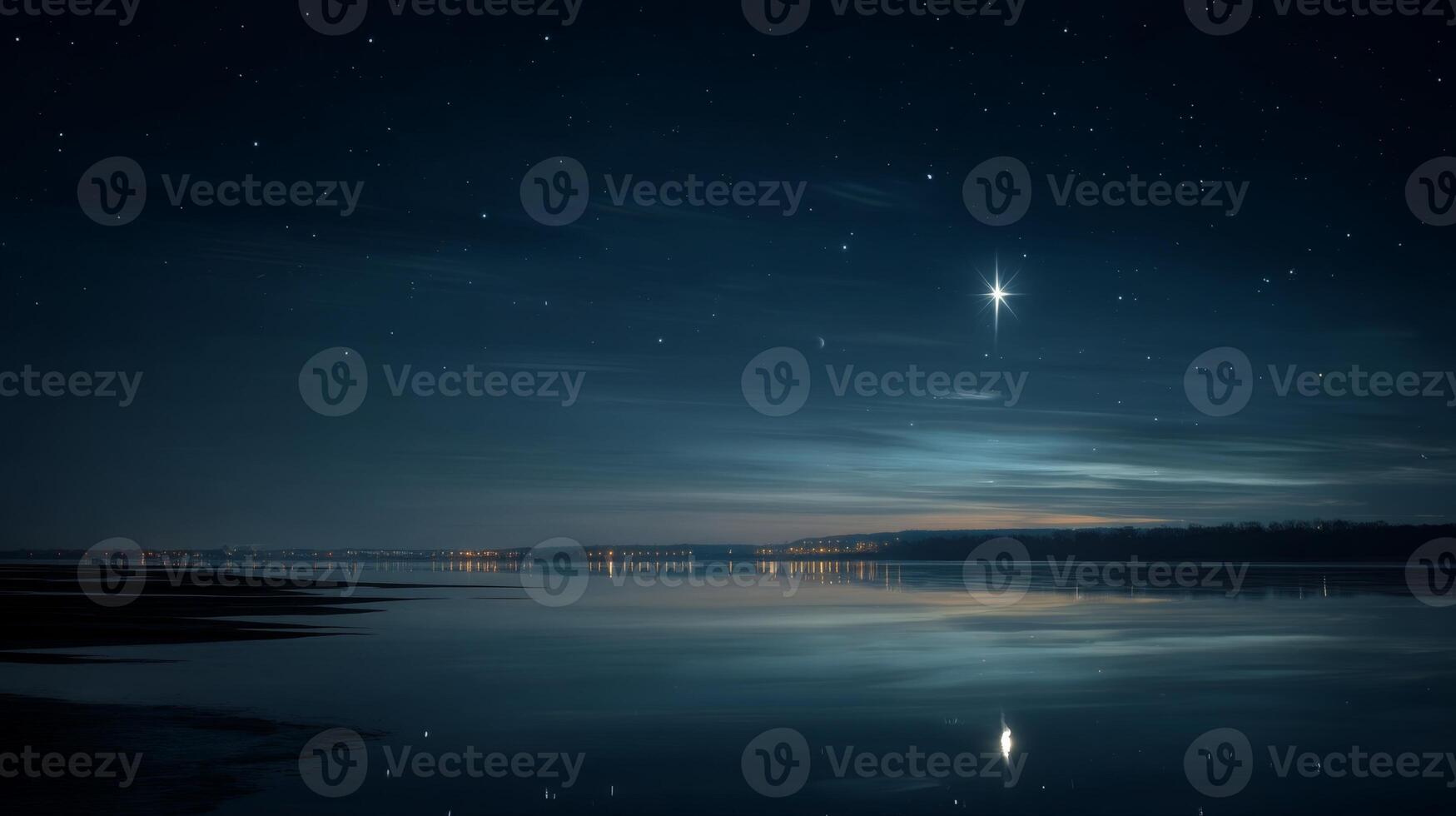 Tranquil Night Sky Over Calm Water Reflecting Stars and a Bright Celestial Object in a Serene Landscape Scene photo