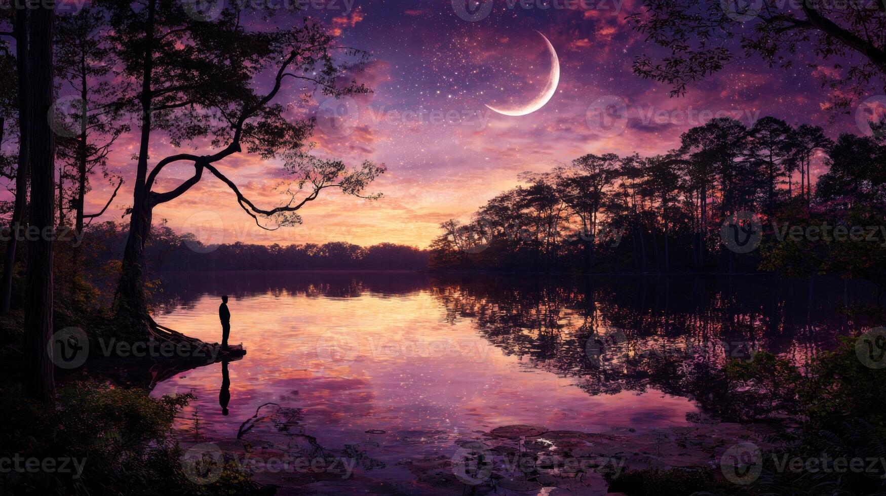 Tranquil Sunset Reflection on Water with Lone Figure Under Crescent Moon and Starry Sky photo