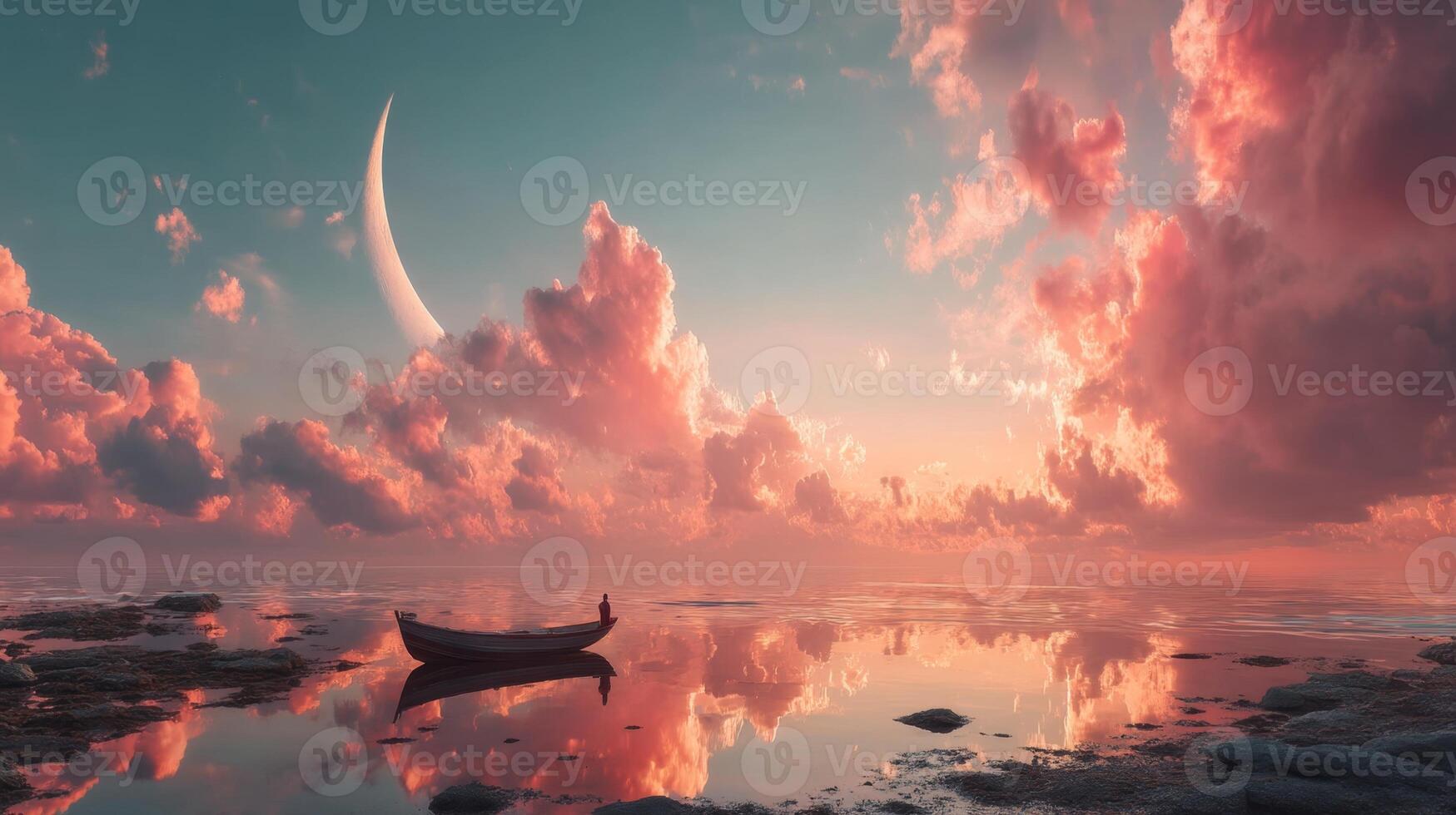 Tranquil Scene with a Lonely Boat in a Serene Sea Under a Colorful Sky with Dramatic Clouds and a Celestial Moon photo
