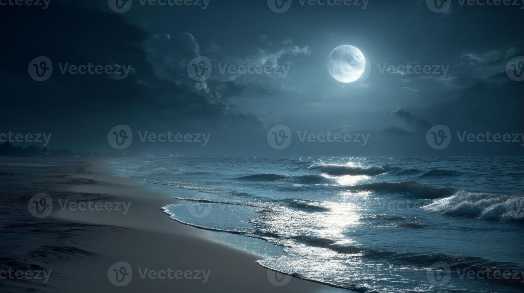 Nighttime Beach Scene with Full Moon Illuminating Waves and Dark Clouds, Evoking Calmness and Serenity by the Ocean photo