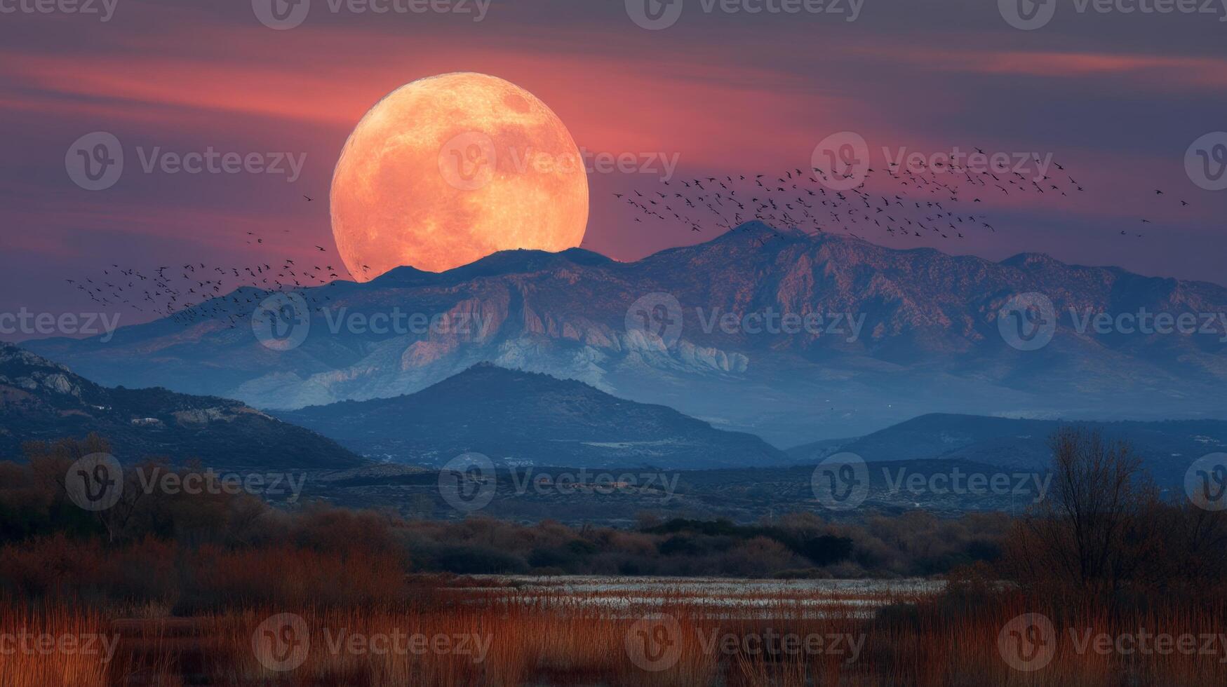Majestic Full Moon Rising Over Serene Mountains and Reflecting in Tranquil Water at Dusk with Birds in the Twilight Sky photo
