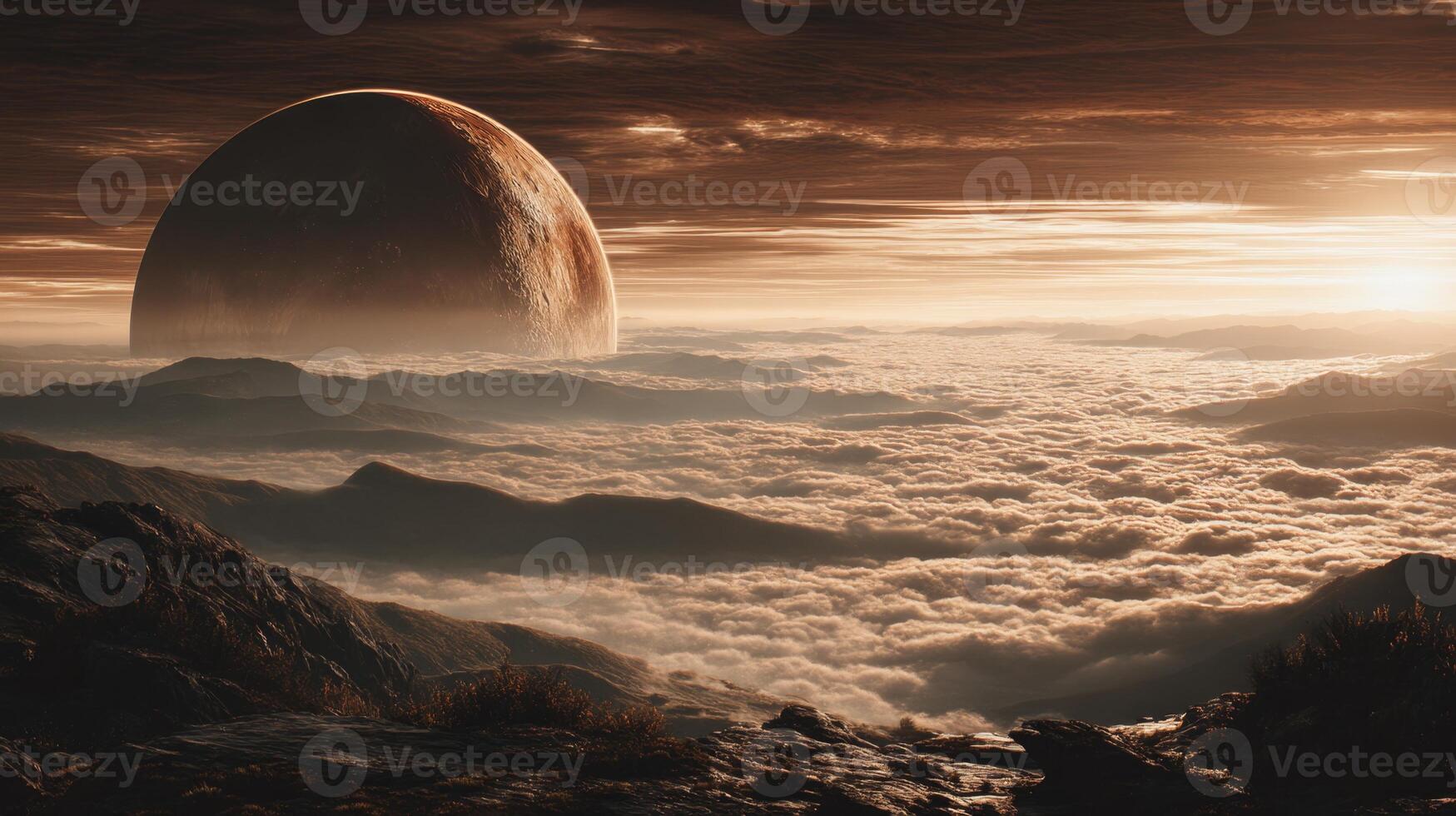 Stunning Cosmic Landscape with Majestic Planet Rising Over Soft Cloud Cover at Dusk in Surreal Color Palette photo