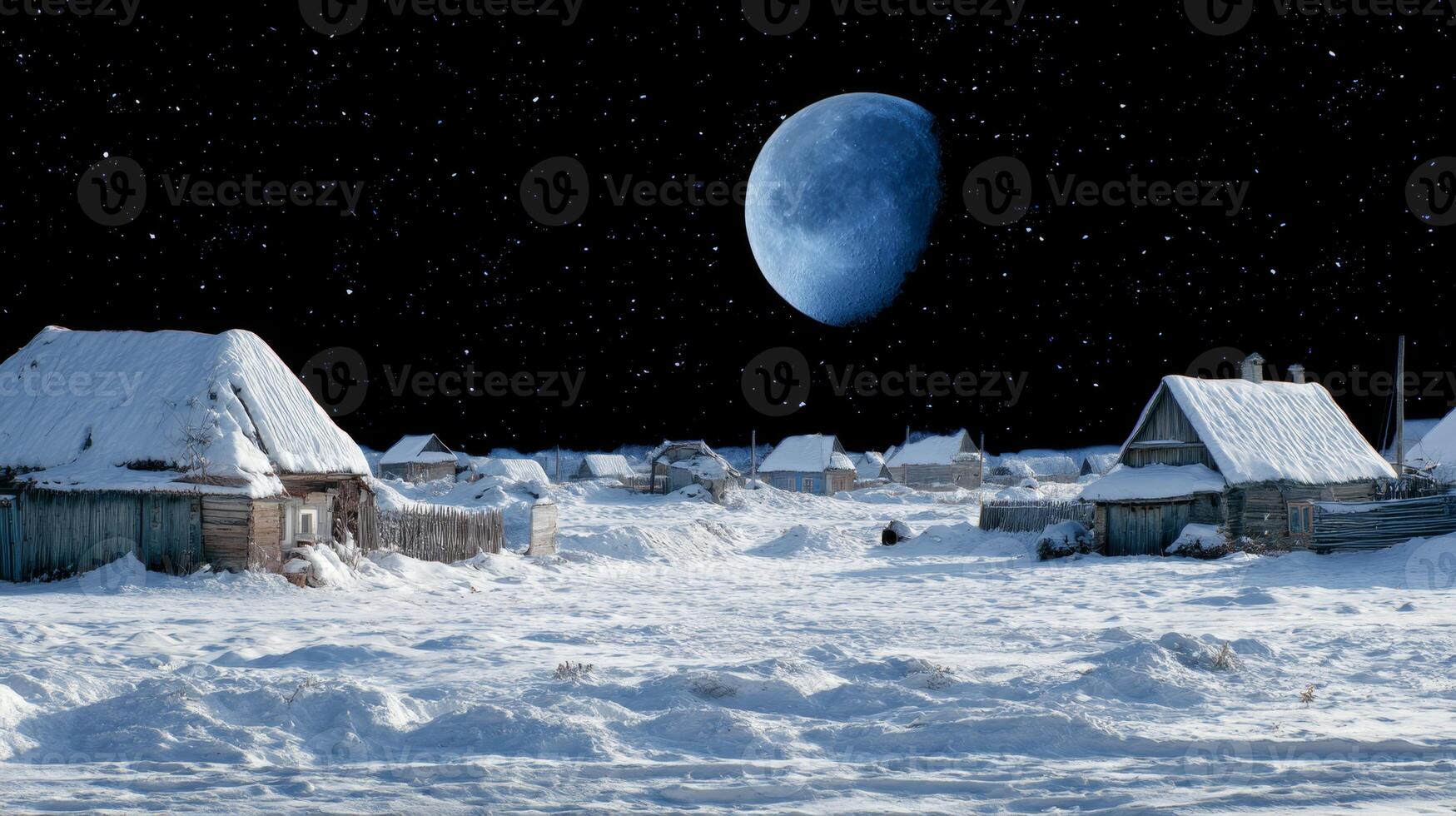 Tranquil Snowy Village Under Starry Sky with Large Moon in Background, Creating a Serene and Dreamy Atmosphere photo