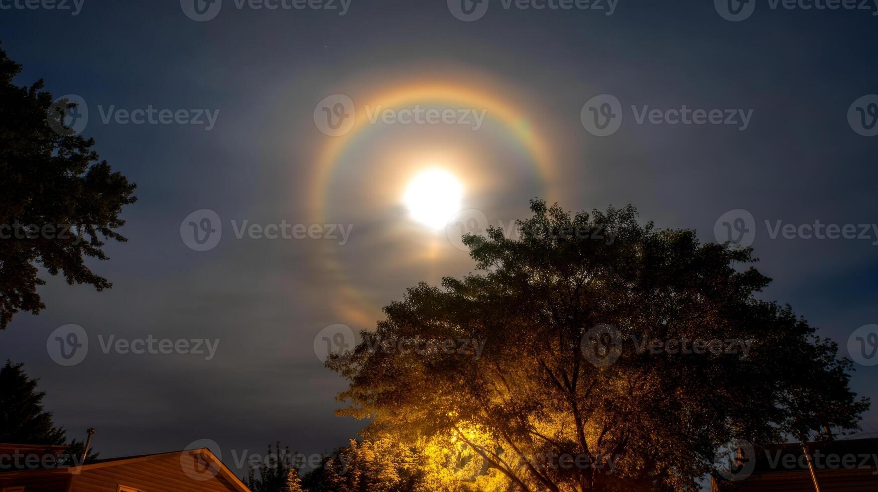 Breathtaking Night Sky with Full Moon Surrounded by Glowing Lunar Halo Above Silhouetted Trees and Soft Street Lights photo