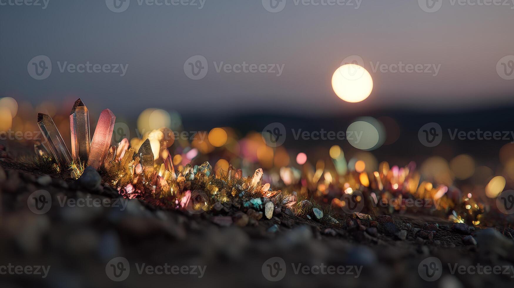 Colorful Crystals Glimmering Under Dusk Light with a Soft Moon Glow and Bokeh Background in a Natural Setting photo