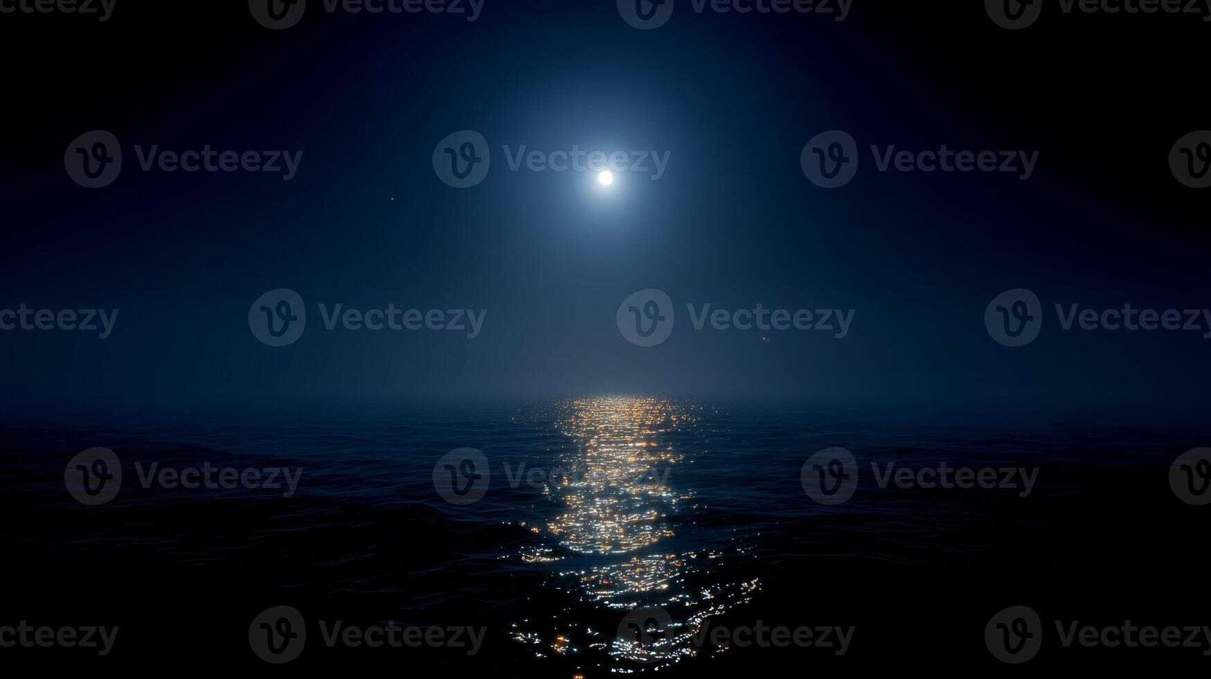 Serene Night Ocean Scene with Full Moon Reflecting on Calm Water Surface Under a Starry Sky photo