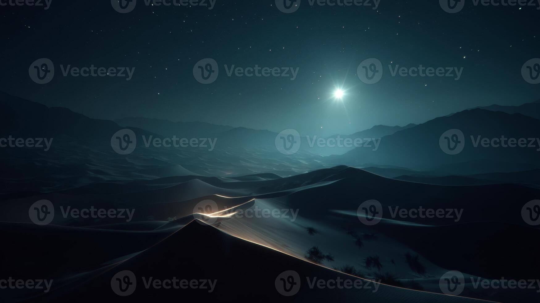 Tranquil Night in Desert Landscape with Starry Sky and Moonlight Illuminating Sand Dunes photo