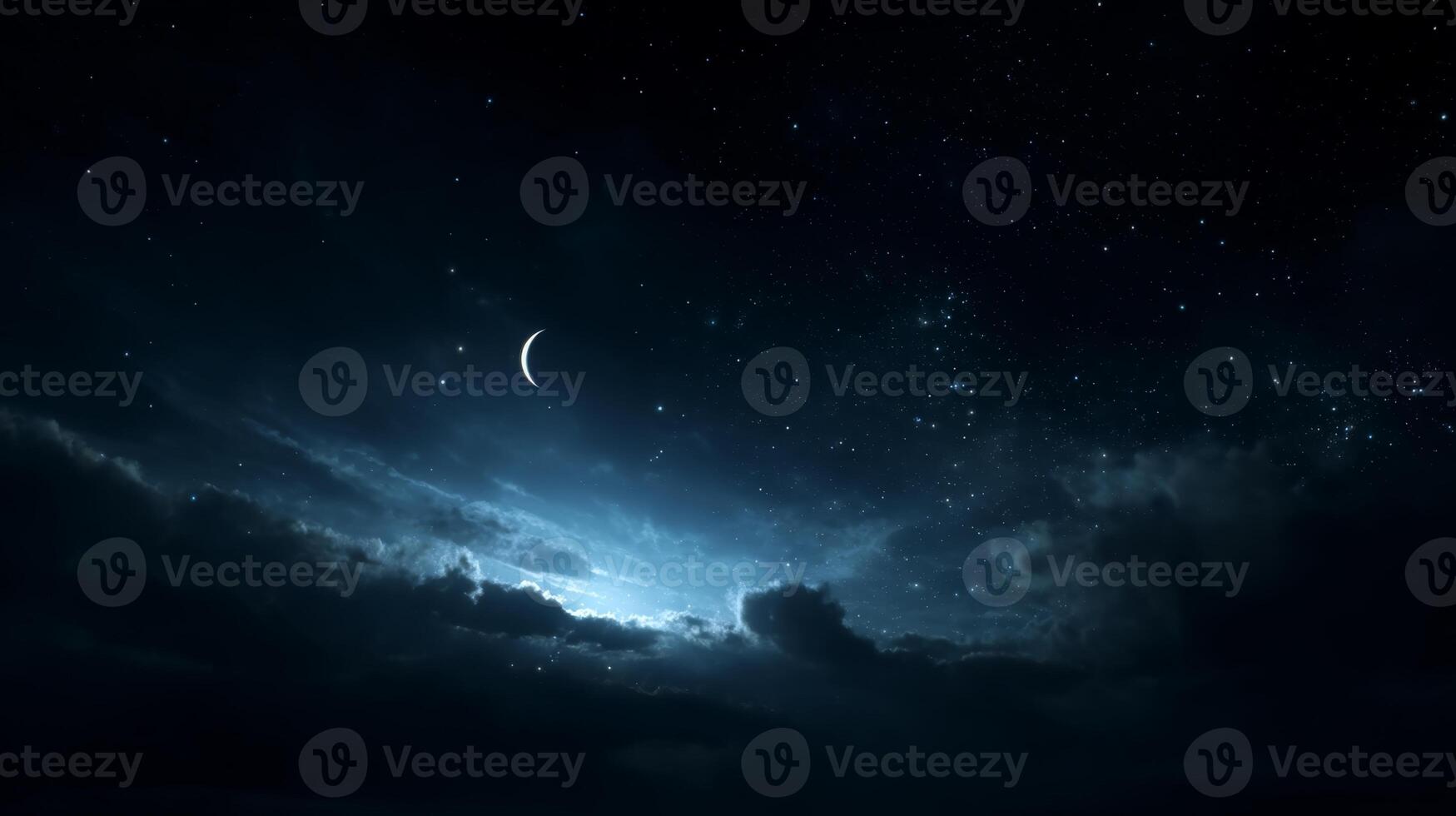 Captivating Night Sky with Crescent Moon and Starry Background Illuminated by Soft Cloud Light photo