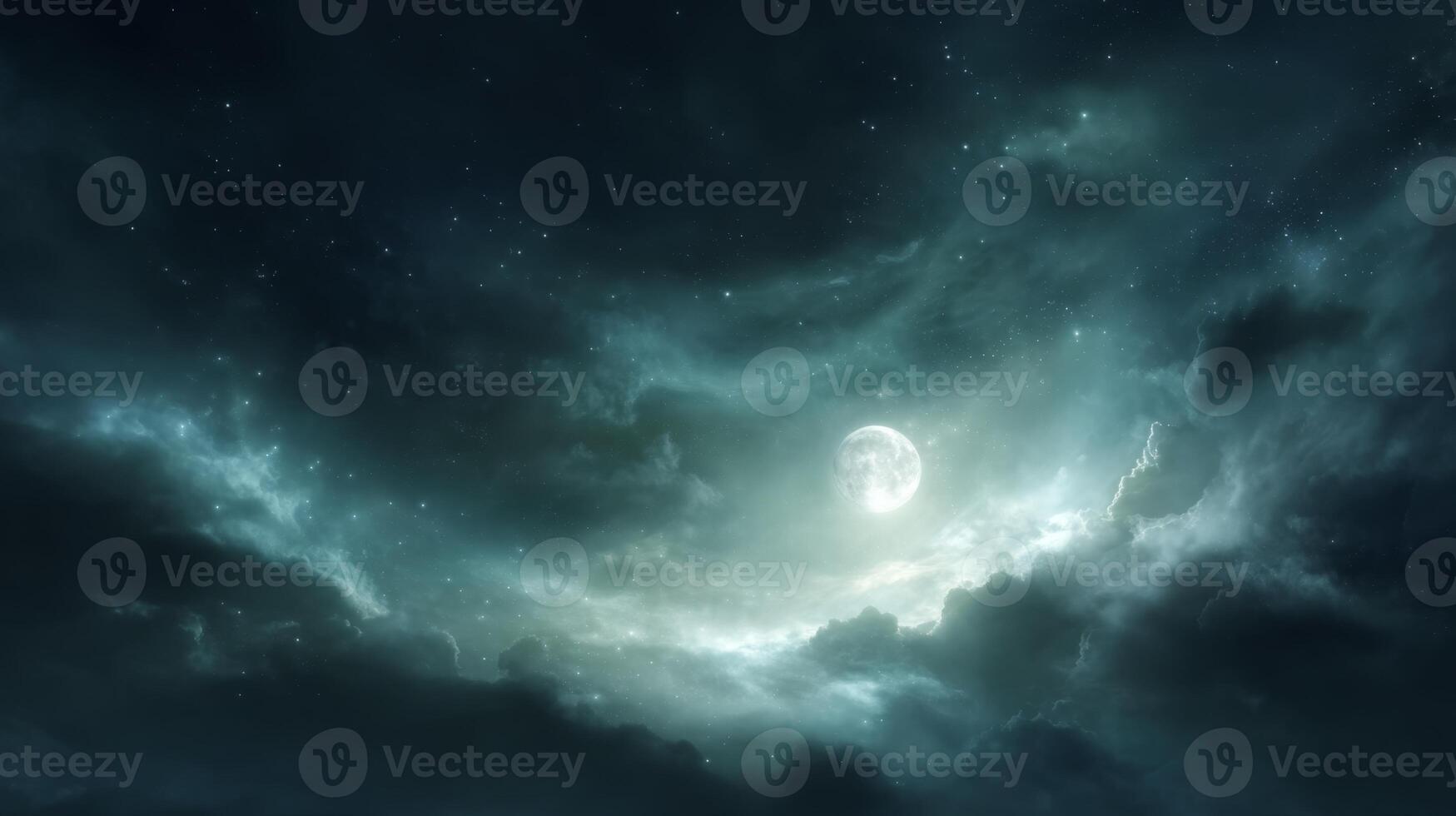 Enigmatic Night Sky with Soft Clouds and Bright Moon Illuminating a Darkened Atmosphere Filled with Glimmering Stars photo