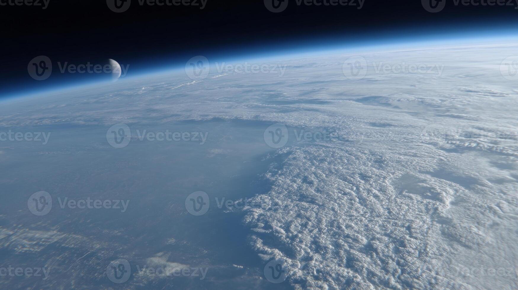 Stunning View of Earth from Space with Cloud Patterns and Moon in Background, Captured from High Altitude Perspective photo
