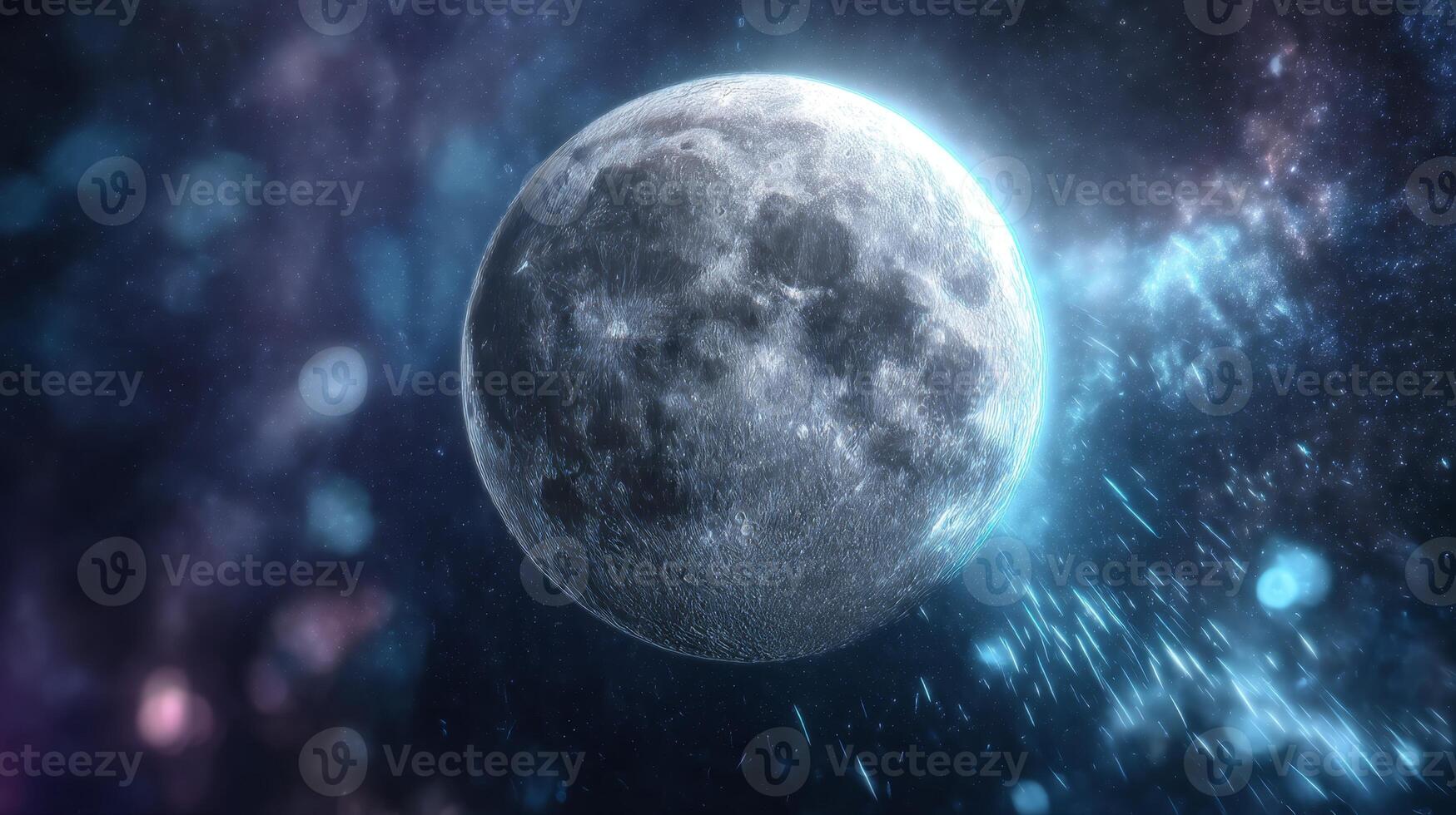 Stunning full moon glowing in the dark cosmic space, surrounded by stars and bright particles, creating a magical celestial scene photo