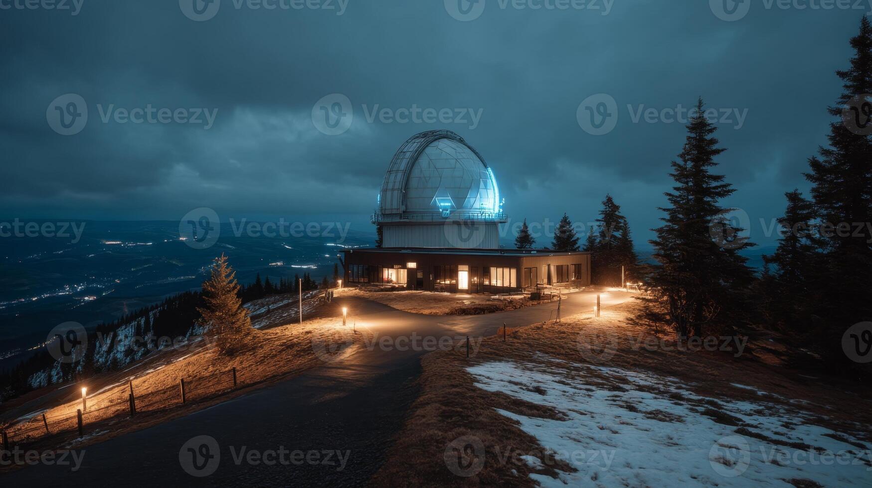 Night View of Observatory with Illuminated Dome and Scenic Landscape under Cloudy Sky, Nature and Architecture Combined photo