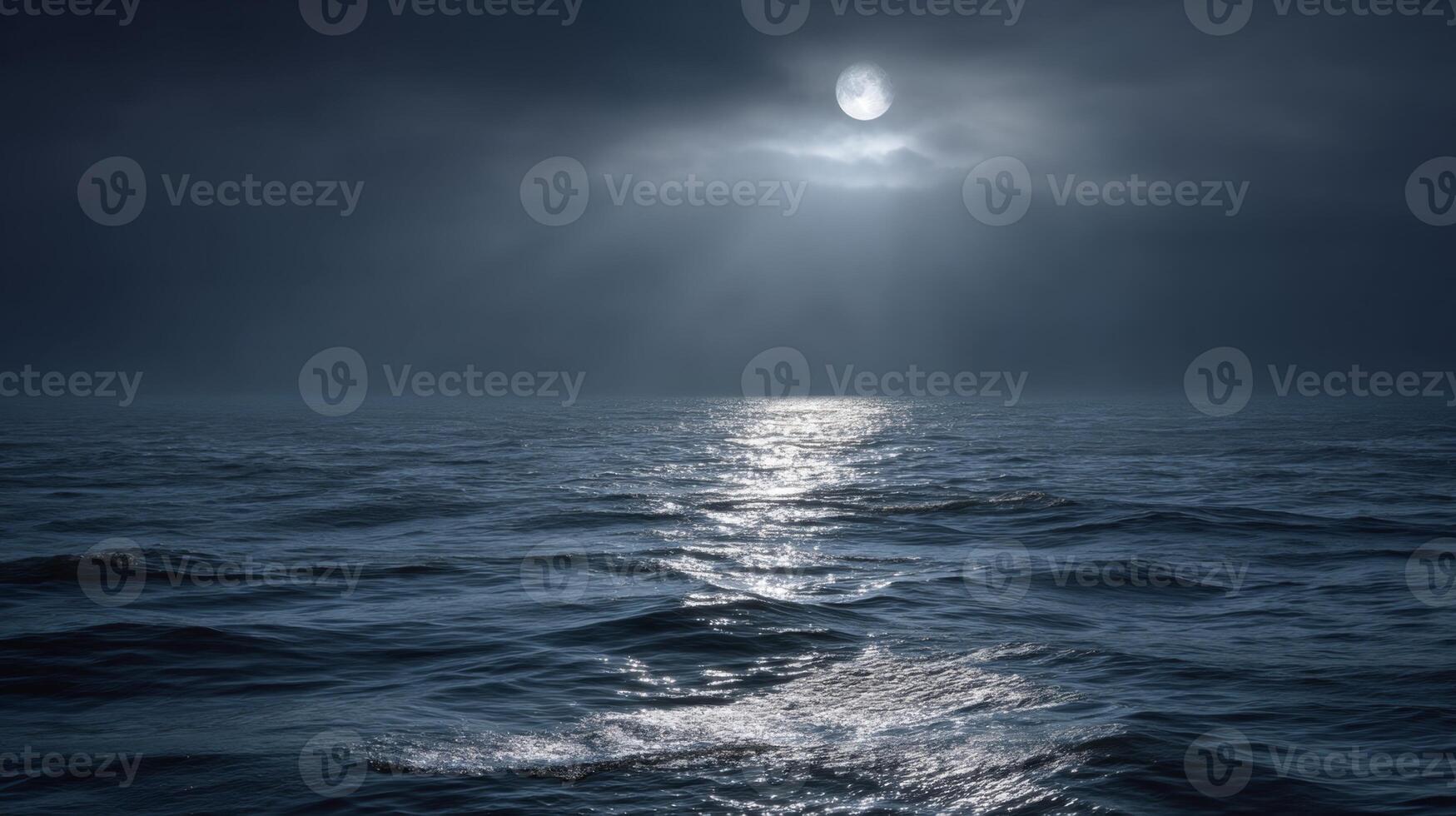 Serene Night Ocean Under Moonlight with Dark Clouds and Gentle Waves Reflection photo