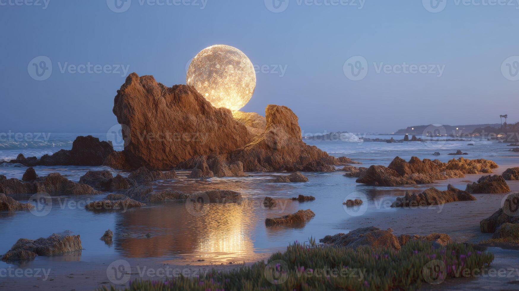Surreal Moonrise Over Rocky Beach at Dusk with Reflections in Calm Water and Natural Surroundings photo