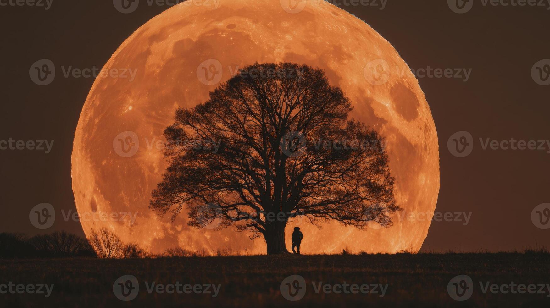 Majestic Moonrise Over Silhouette of Tree and Alone Figure in Atmospheric Landscape photo