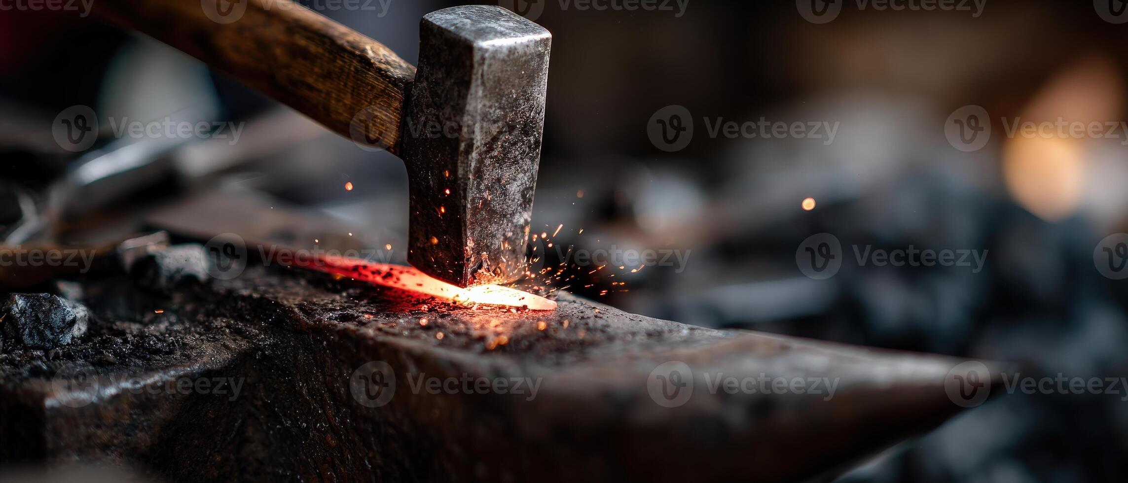 Closeup of a blacksmith forging hot metal on an anvil with a hammer, creating sparks in a workshop Concept of craftsmanship, industry, and traditional skills photo