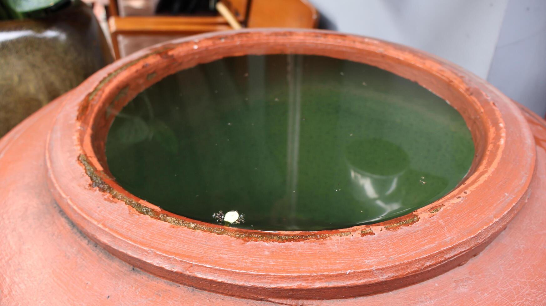 Traditional Asian Earthenware Water Jar Filled with Rainwater for Household Reserve photo