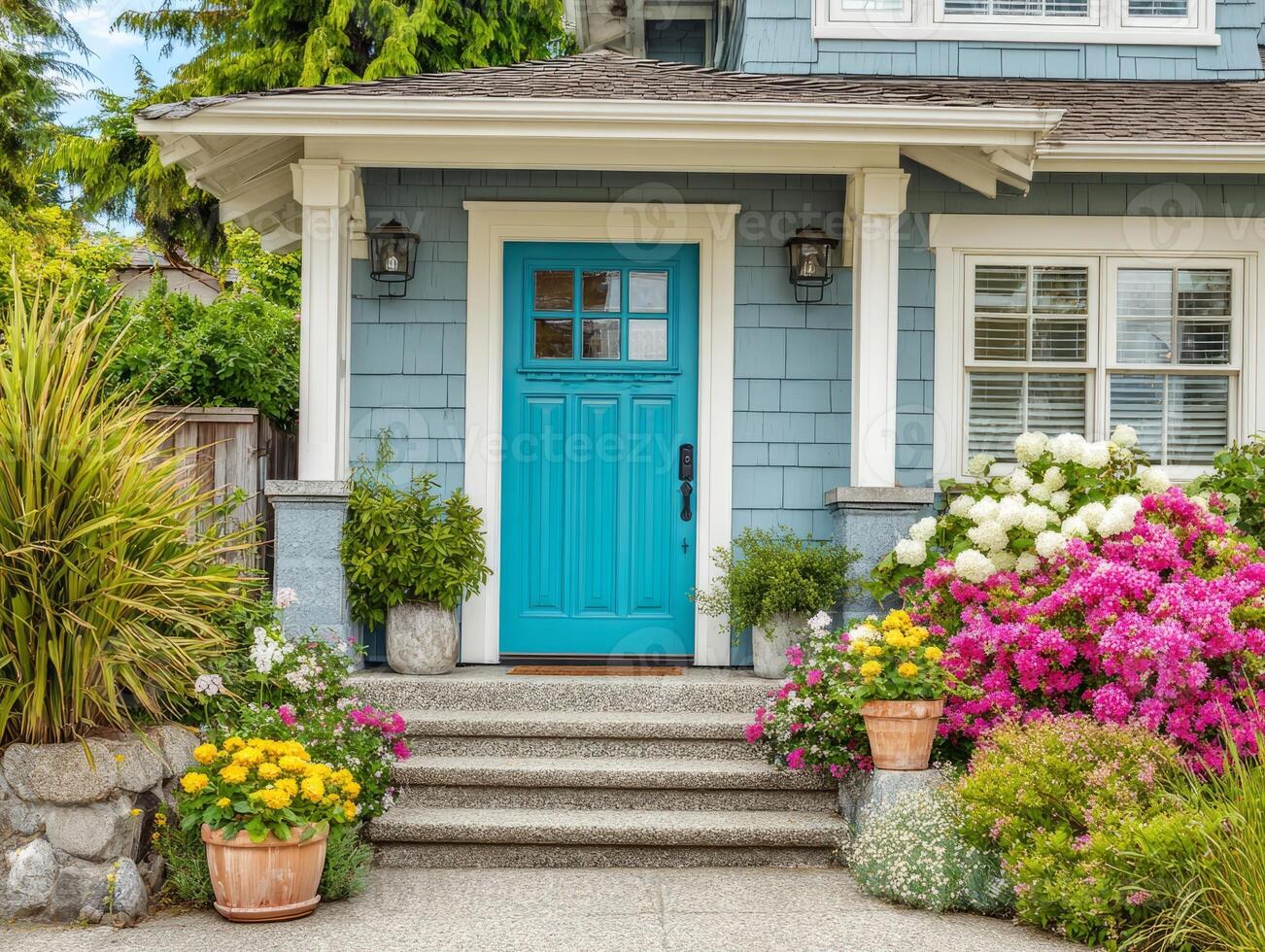 Beautiful turquoise front door welcoming visitors to cozy craftsman home photo