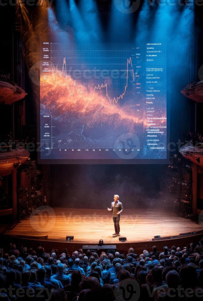 Motivational speaker giving presentation about stock market to large audience in theatre photo