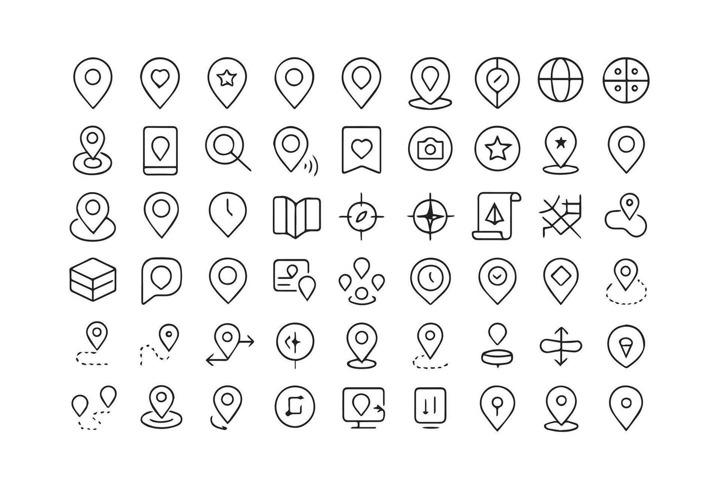 A collection of 50 minimal line-style location icons featuring map pins, GPS symbols, destination markers, route indicators, and compass directions. Perfect for mobile apps vector