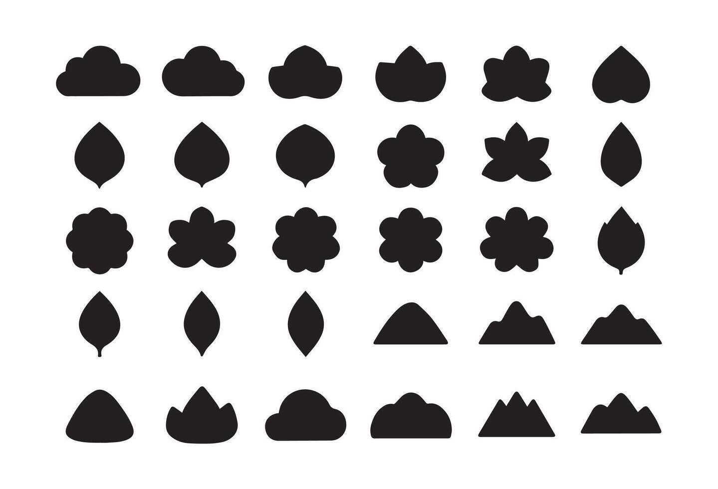 Nature Silhouette Icon Set Cloud, Leaf Flower Mountain Shapes vector
