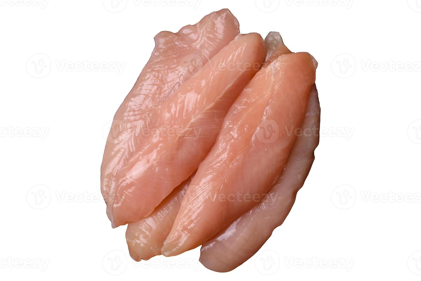 Raw chicken fillet cut into strips with spices and herbs, isolated photo