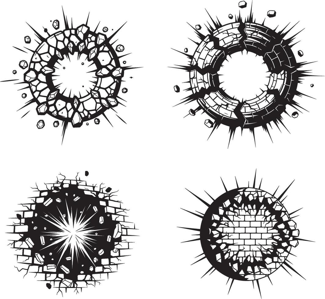 Cracked circular explosion radiating impact design set vector