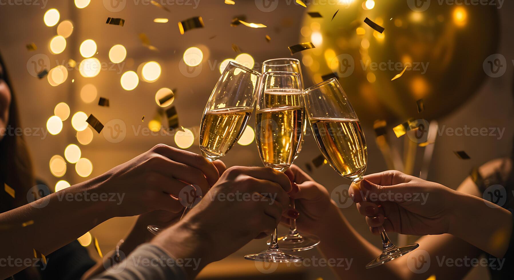 Cheers Toasting Champagne Glasses with Gold Confetti and Bokeh Lights photo