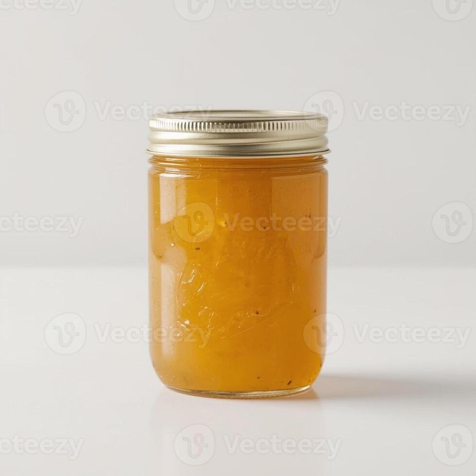 delicious pineapple jam in a jar on a white background photo