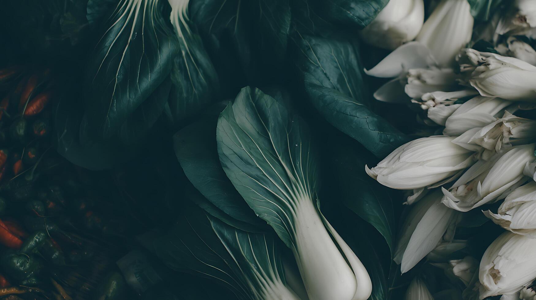 Rich Green Leaves and White Petals in a Moody Close Up Composition. photo