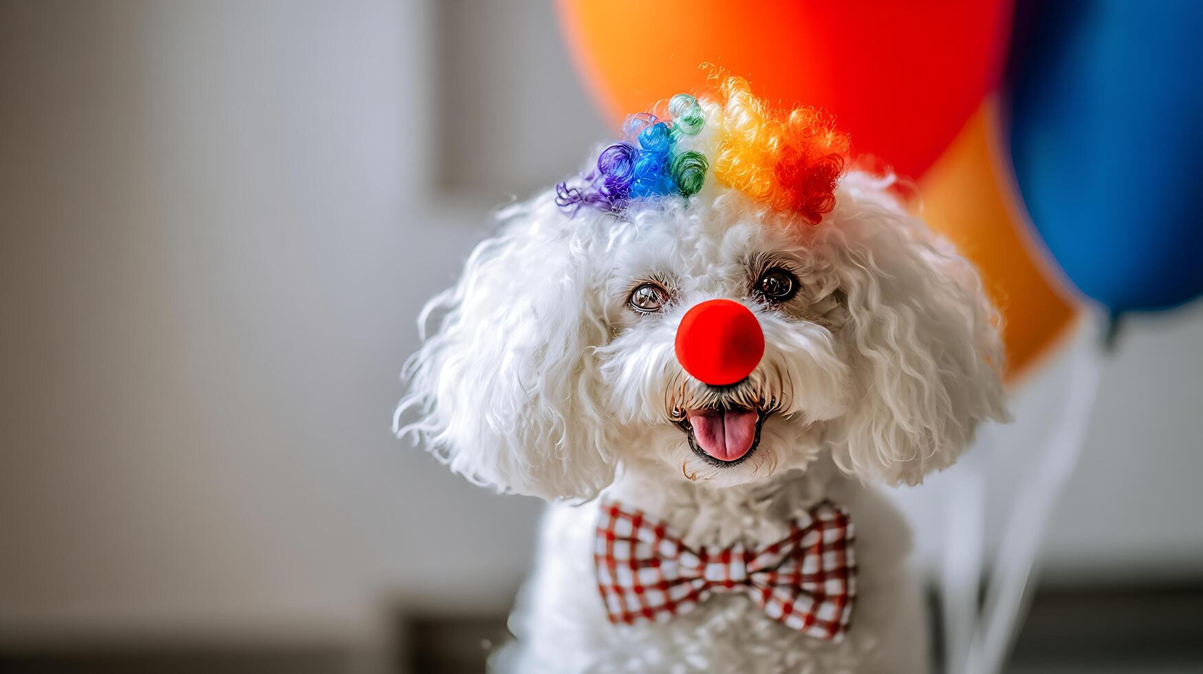Adorable fluffy dog dressed as a clown with balloons and a bowtie. photo