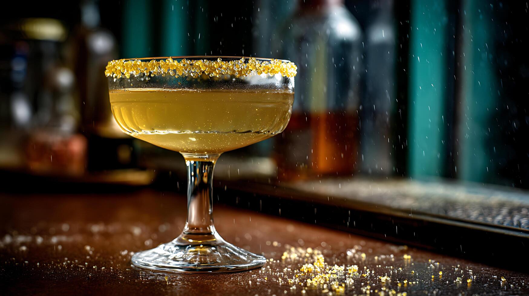 Festive Cocktail with Sugar Rim and Falling Sparks in Bar photo
