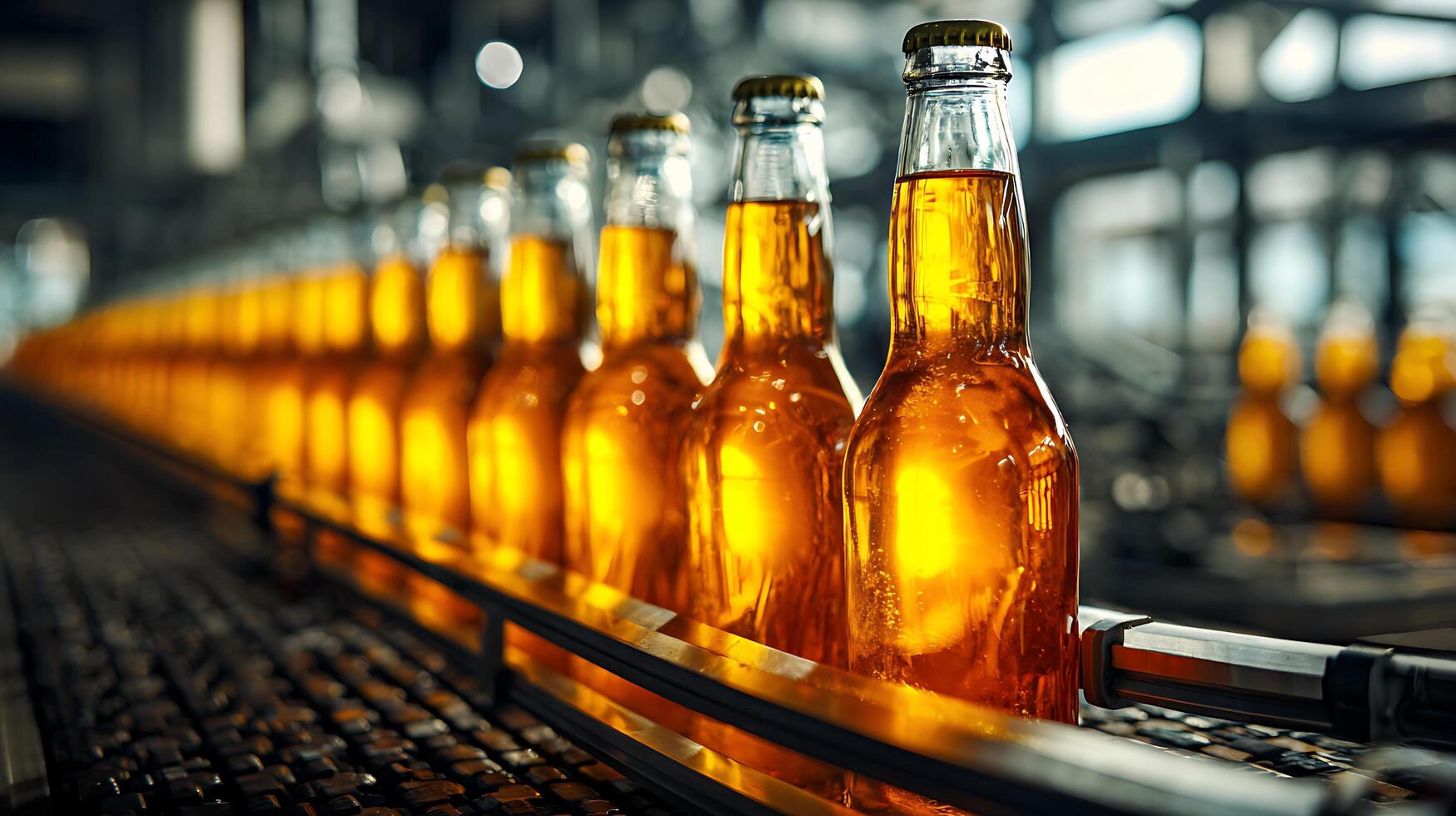 Rows of Golden Beer Bottles on a Factory Conveyor Belt. photo
