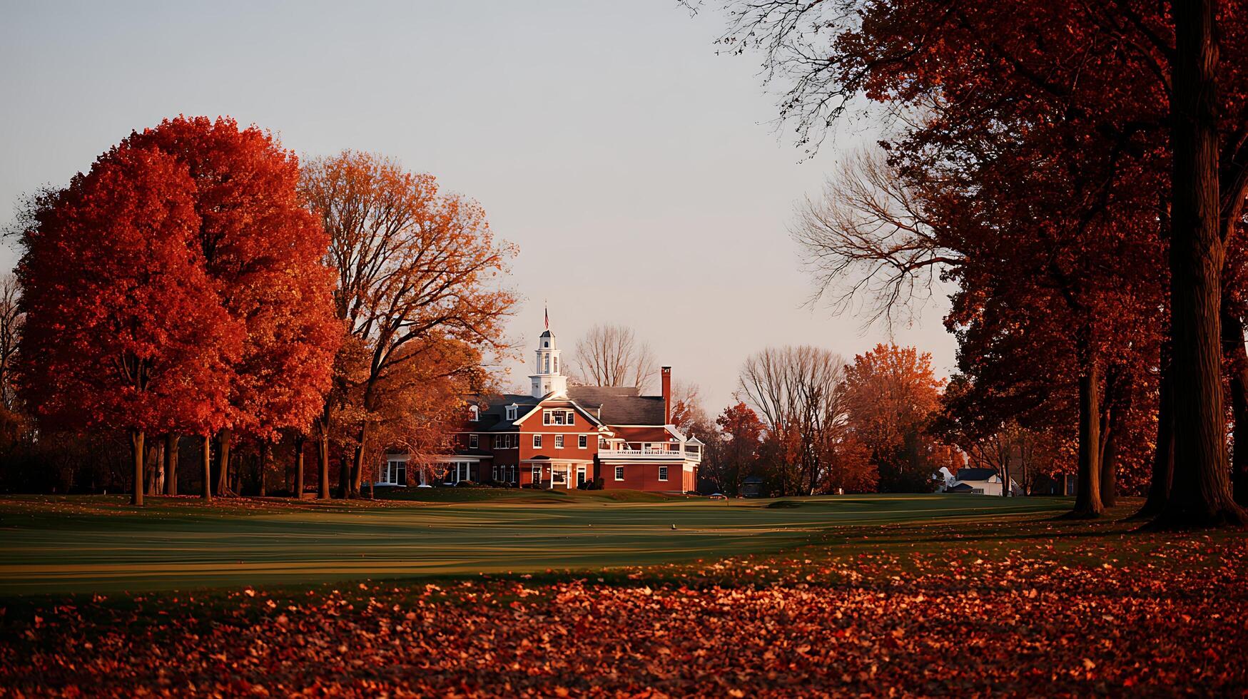 Majestic Red Building Amidst Fiery Autumn Foliage on a Golf Course. photo