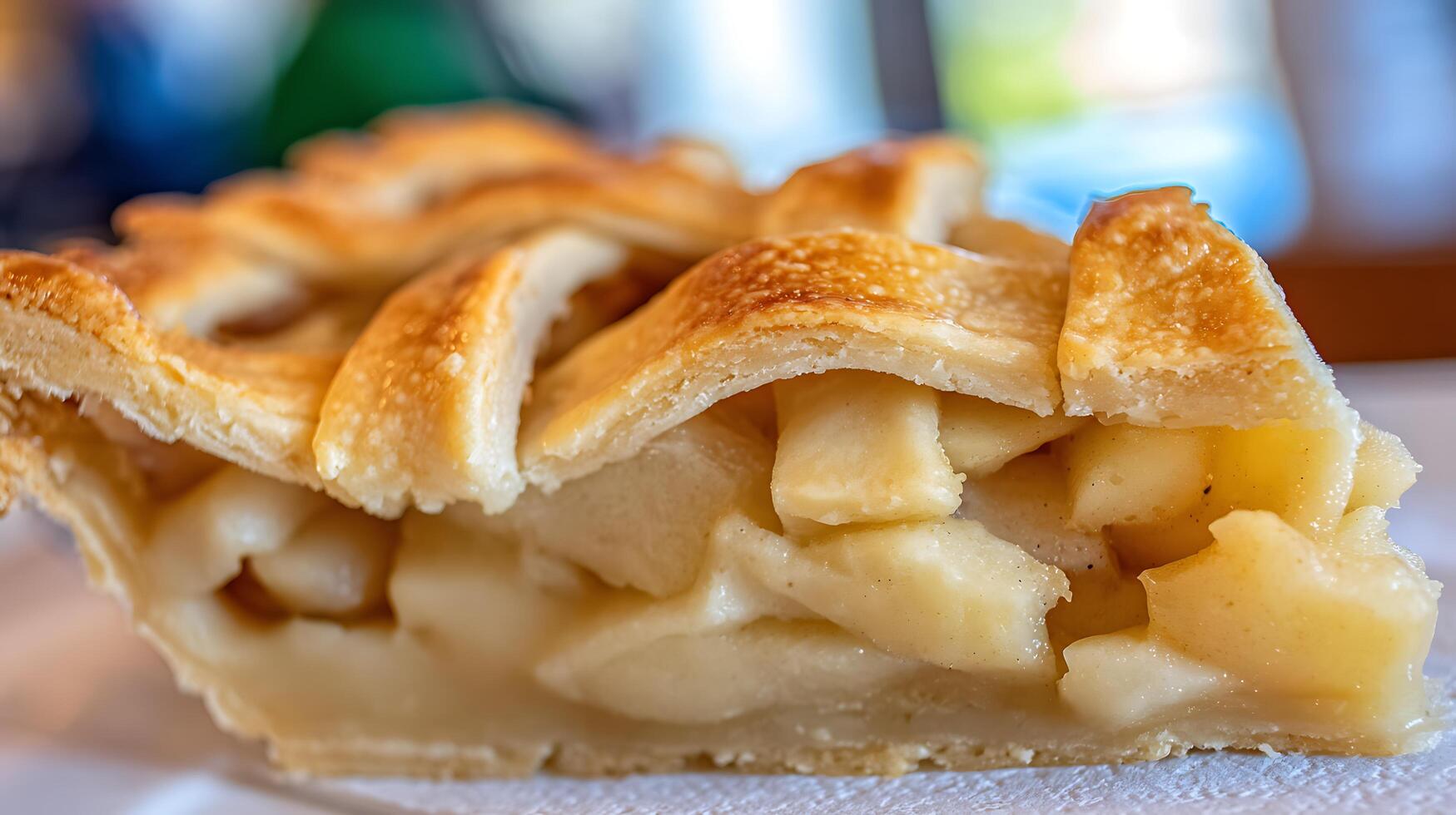Golden Brown Apple Pie Slice with Lattice Crust Macro Shot. photo