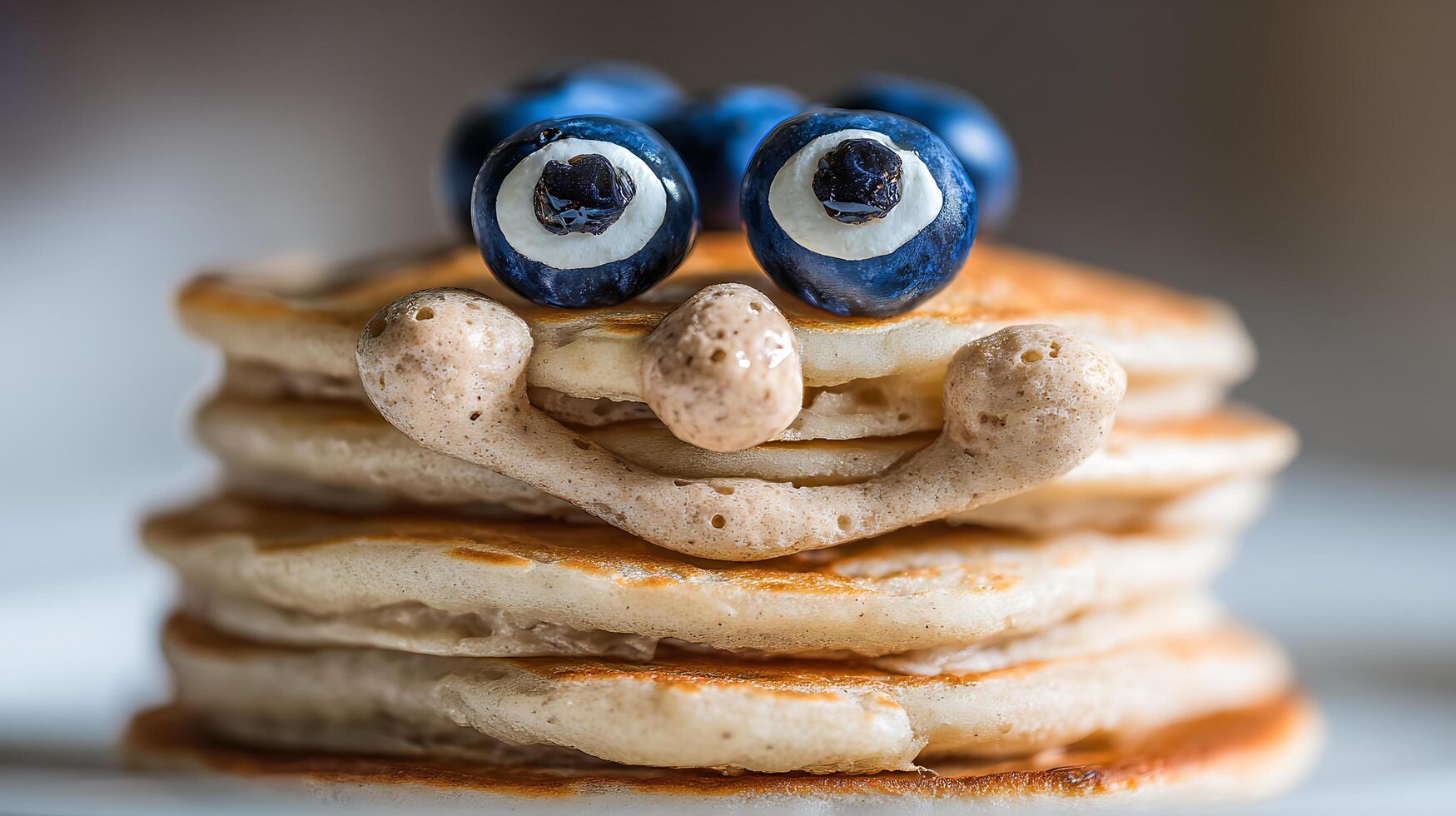 Cute Blueberry Face Pancake Stack with a Funny Expression. photo