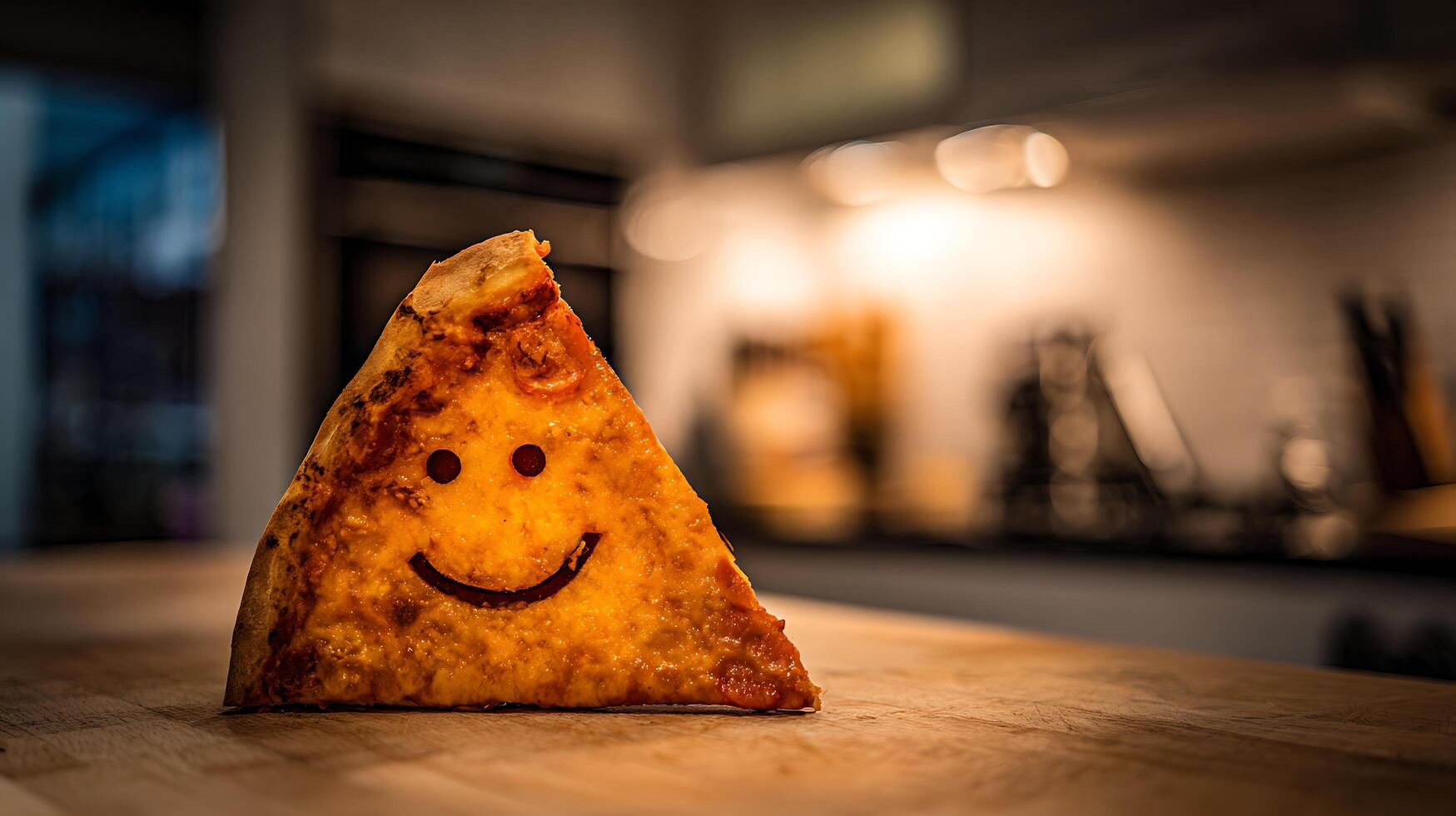 Cheerful Pizza Slice with a Friendly Smile on Wooden Table. photo