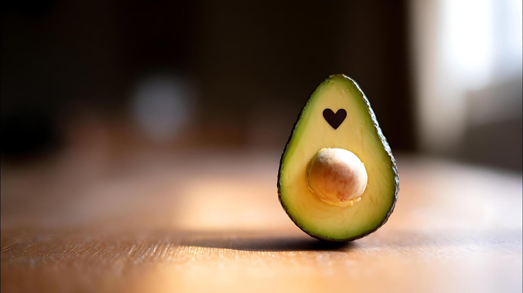 Avocado Half with Heart Design on a Wooden Table with Soft Lighting. photo