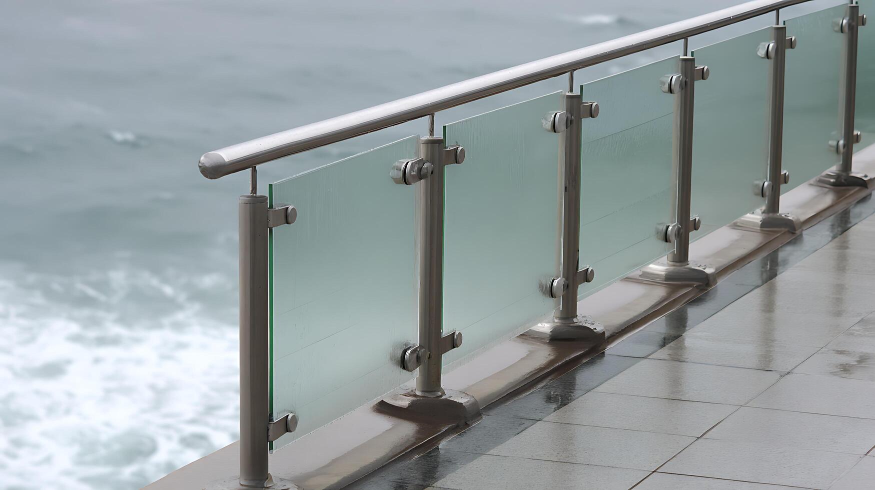 Modern Glass Balcony Railing Overlooking the Ocean Waves. photo