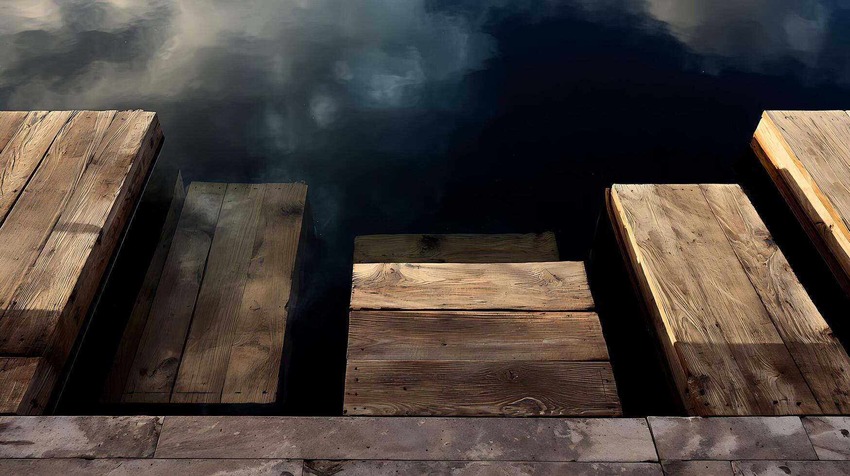 Weathered Wood Dock Reflecting Cloudy Sky on Dark Water. photo