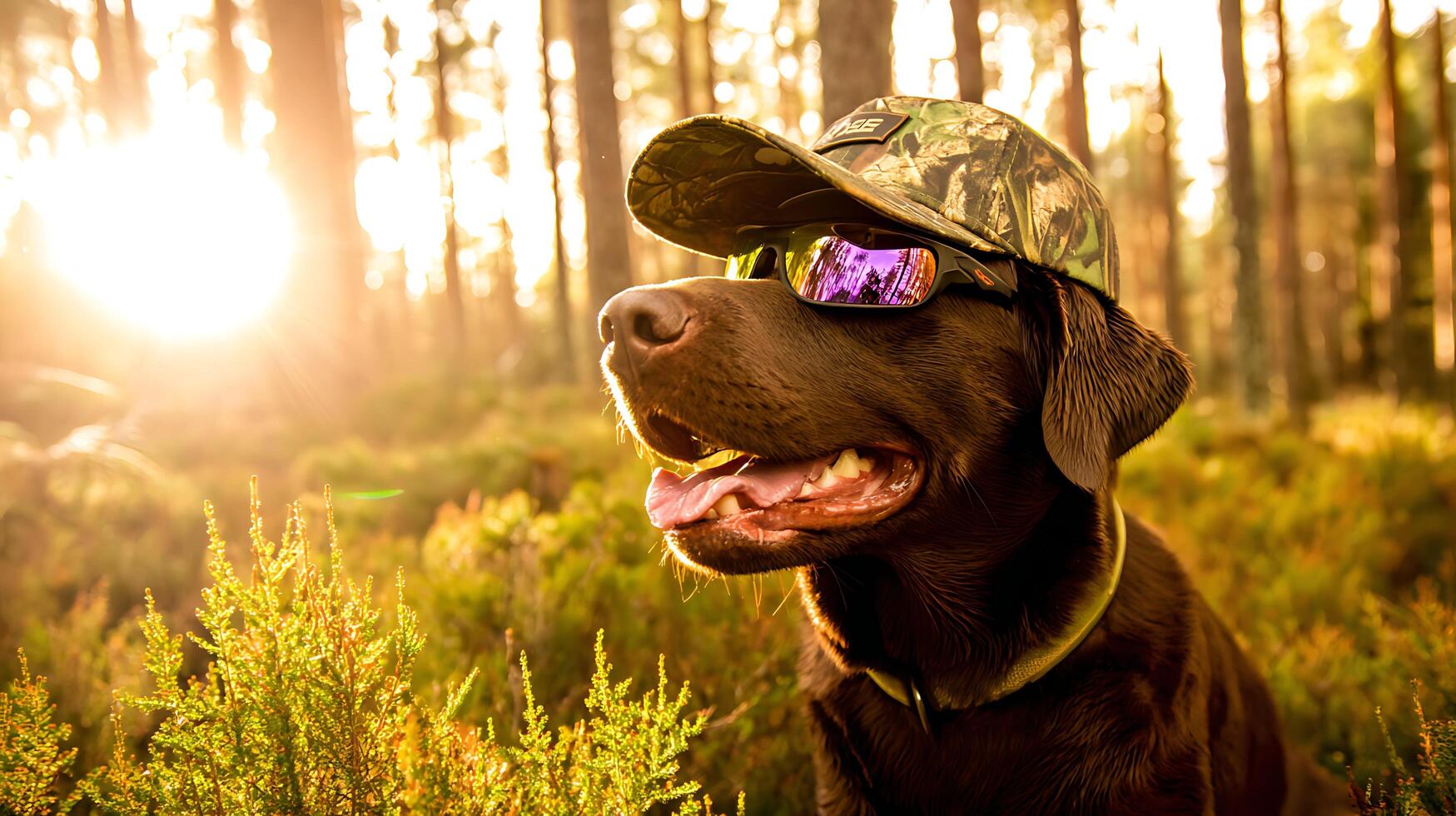 Cool Dog Wearing Sunglasses and Camo Hat Enjoys Sunny Forest Walk. photo