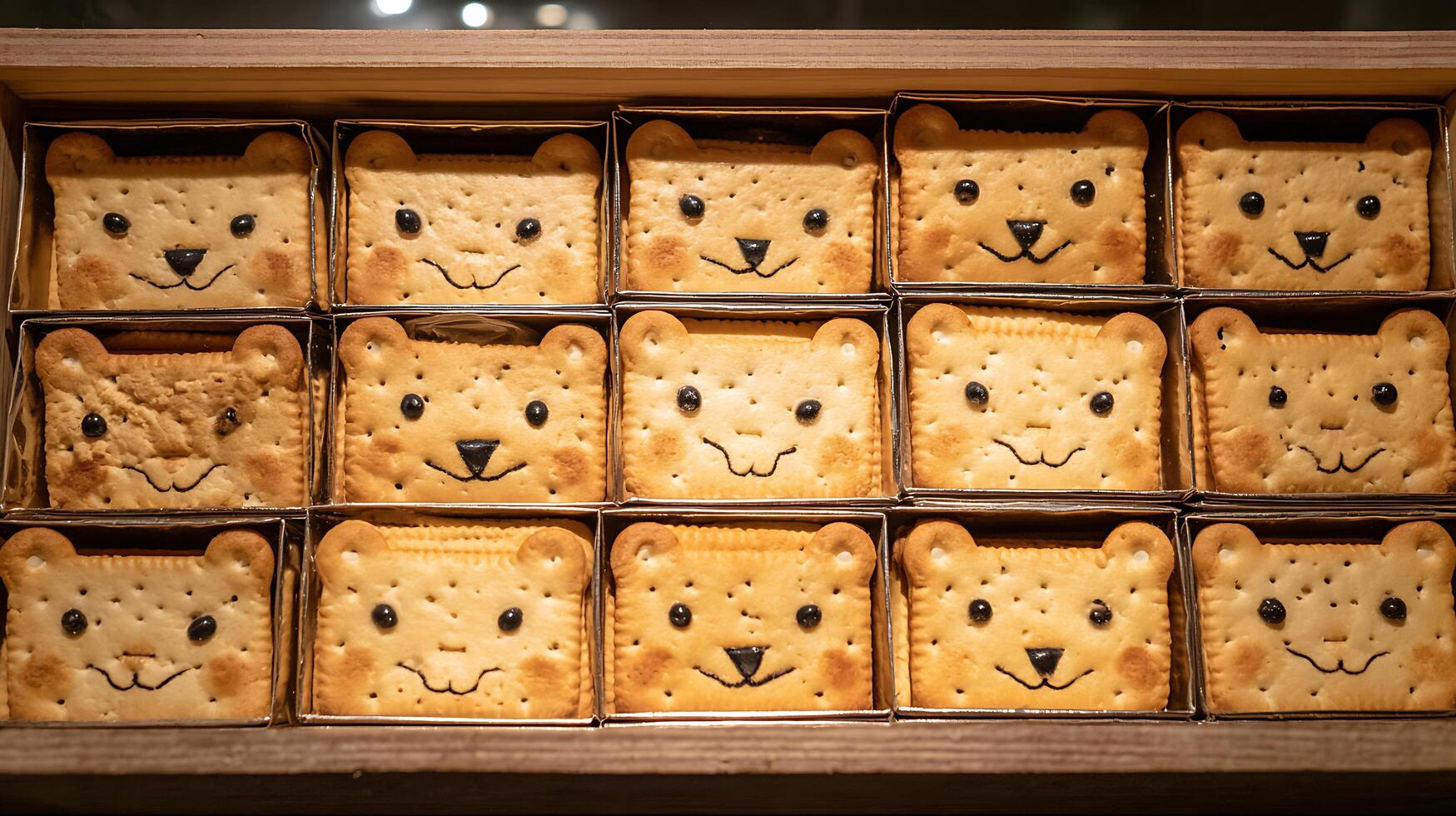 Adorable Bear Face Biscuits in a Wooden Box, A Sweet Treat. photo