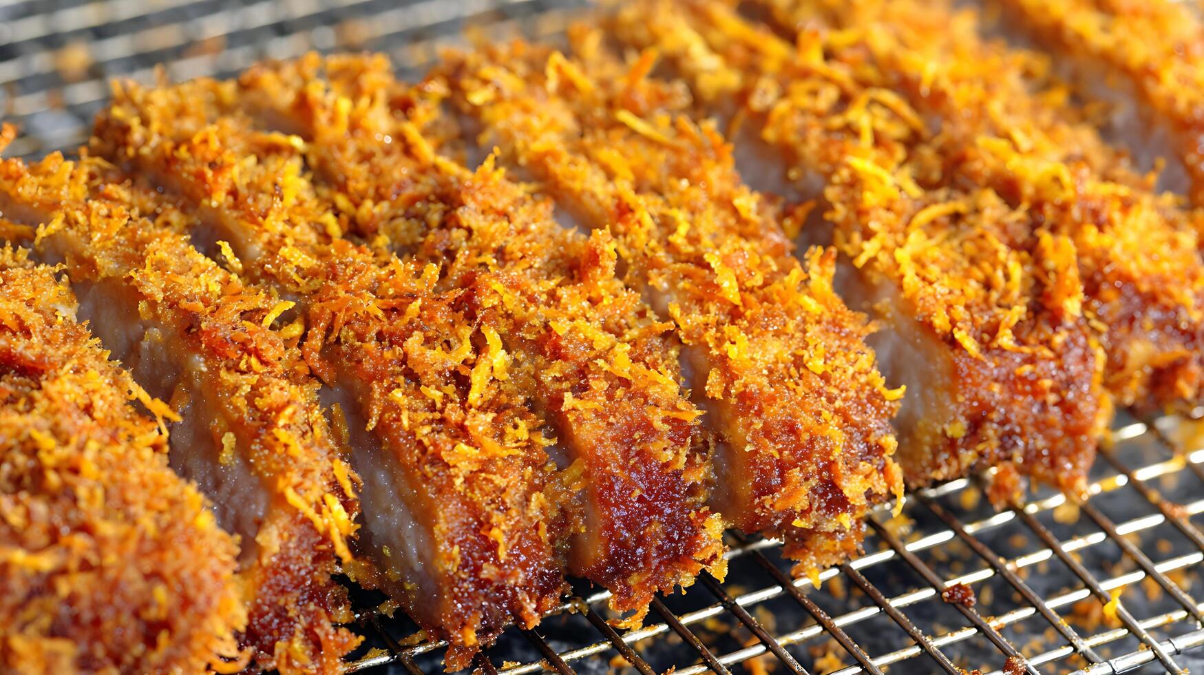 Crispy Breaded Pork Cutlet Slices Cooling on a Wire Rack photo